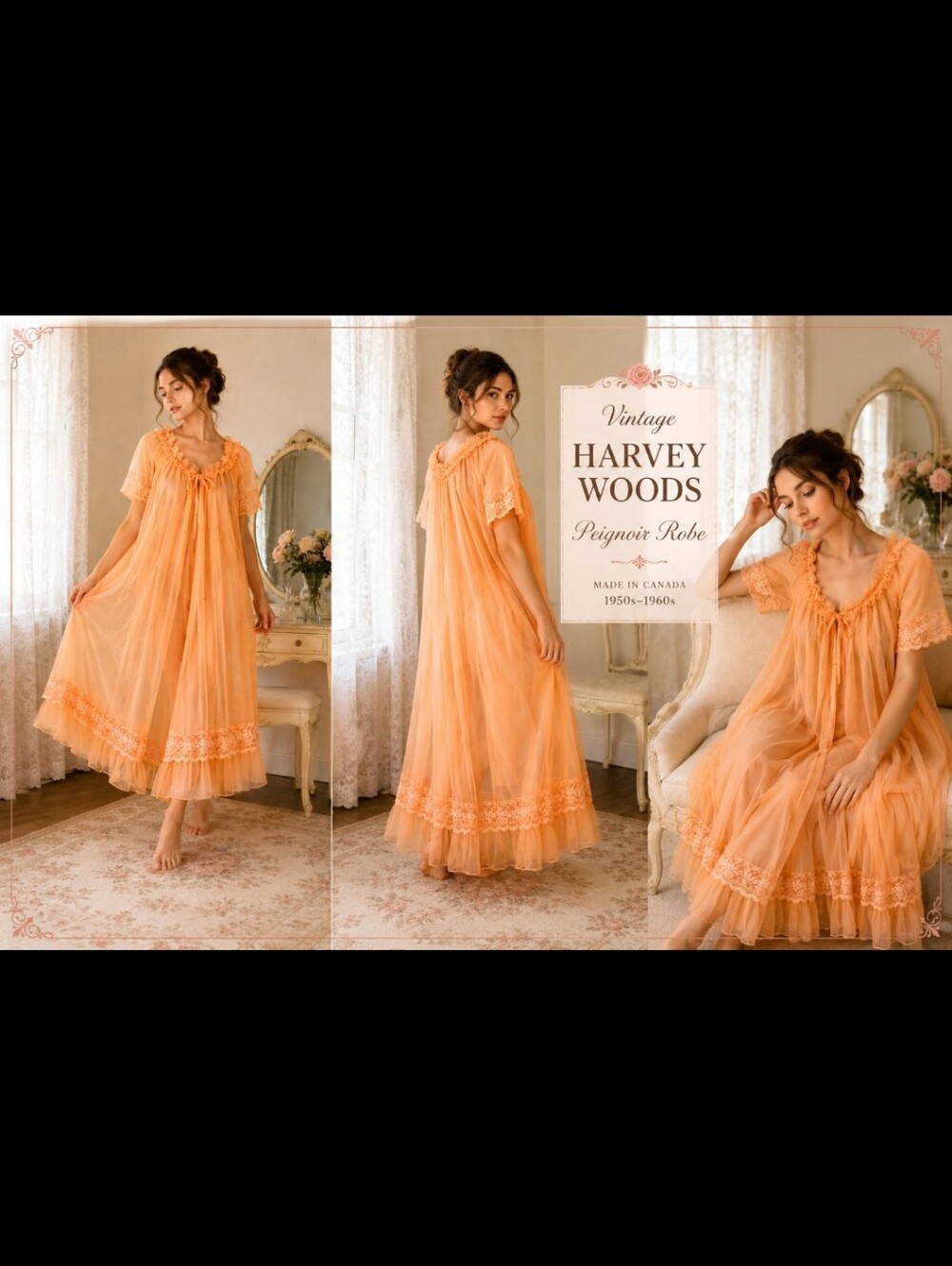 Vintage 1950s One Size Chiffon Lace  Harvey Woods Peach Peignoir Robe